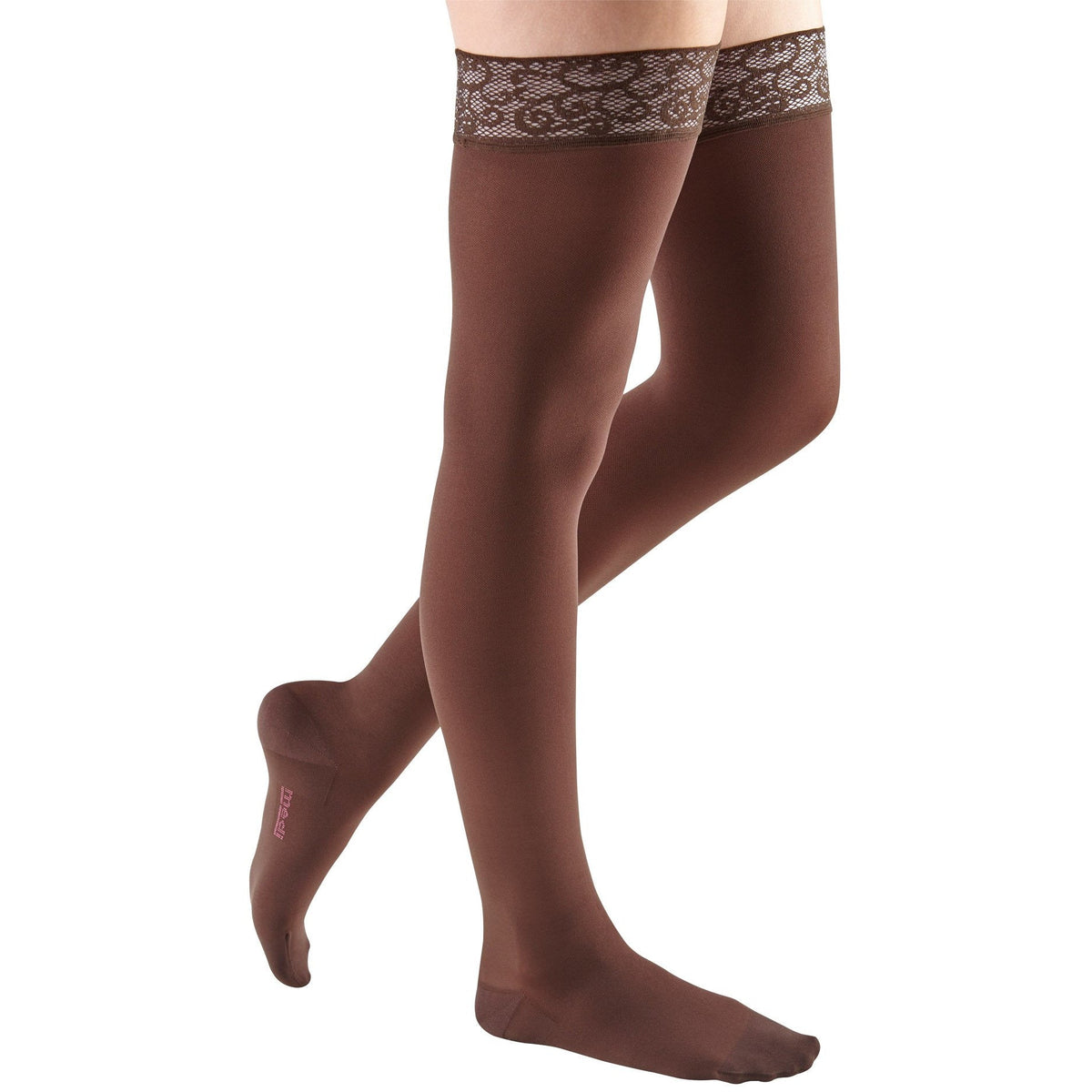 mediven Comfort 30-40 mmHg Thigh High w/ Lace Silicone Top Band, Chocolate