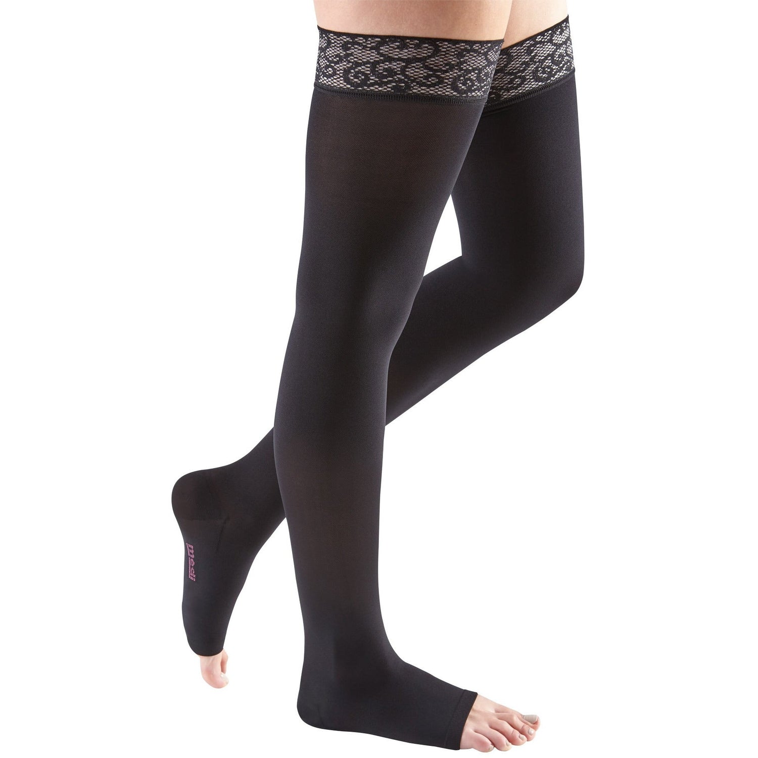 mediven Comfort 15-20 mmHg OPEN TOE Thigh High w/ Lace Silicone Top Band, Ebony